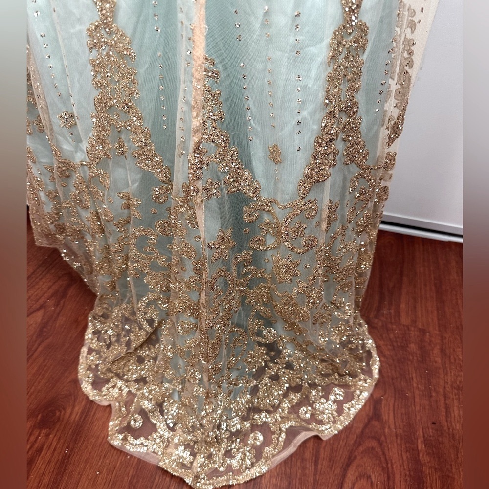 Minuet Mint Strapless Heavily Gold Glitter Embellished Bottom Formal Dress NWT S - Picture 7 of 16